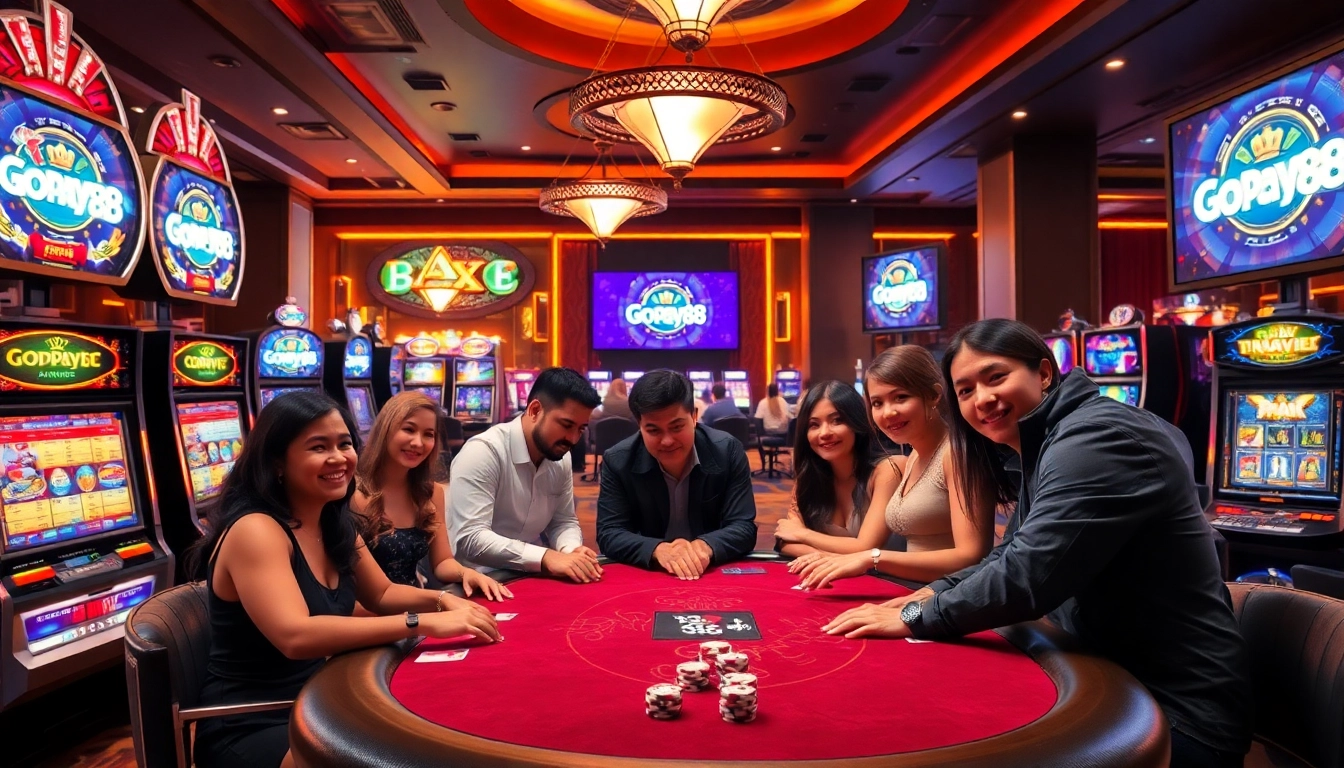 Engaging poker players at a luxurious casino table with Gopay88 branding on digital screens.