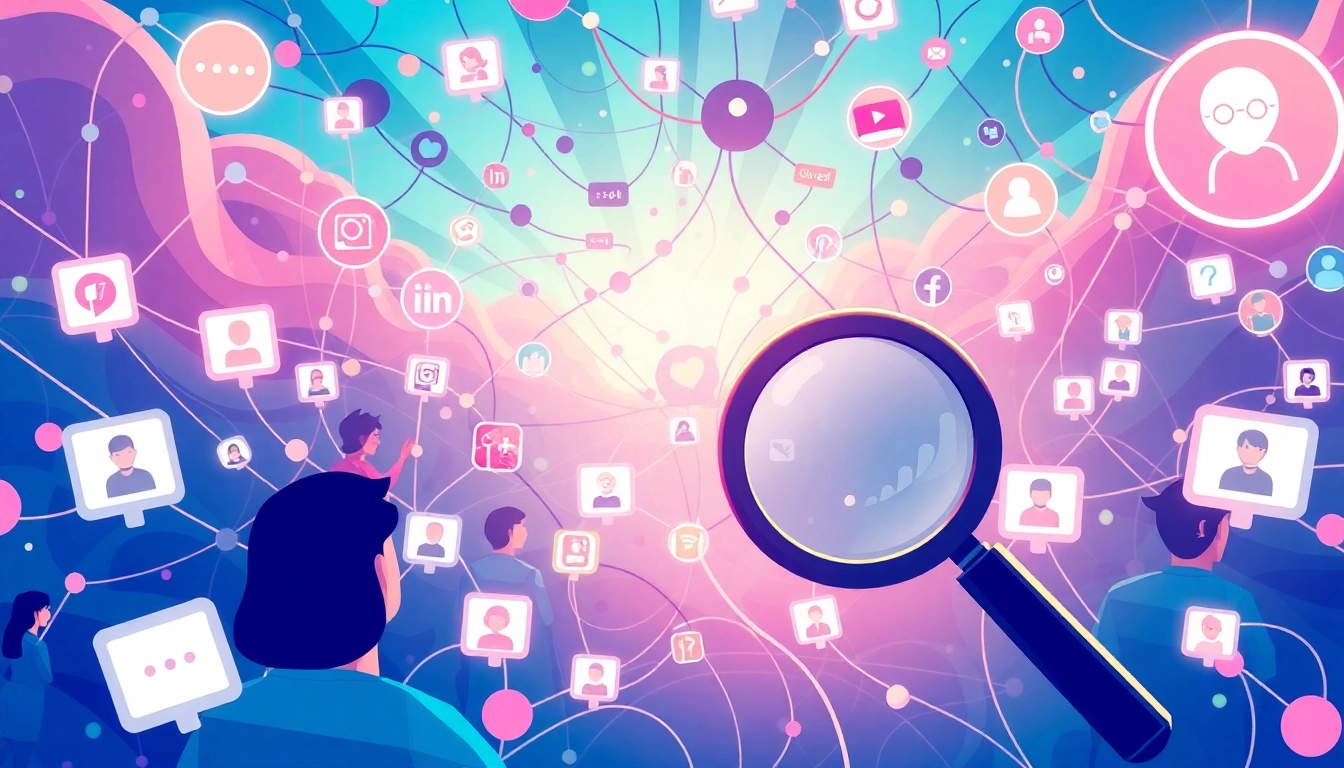 Explore OnlyFans image search through a dynamic digital illustration showcasing interconnected profiles and icons.