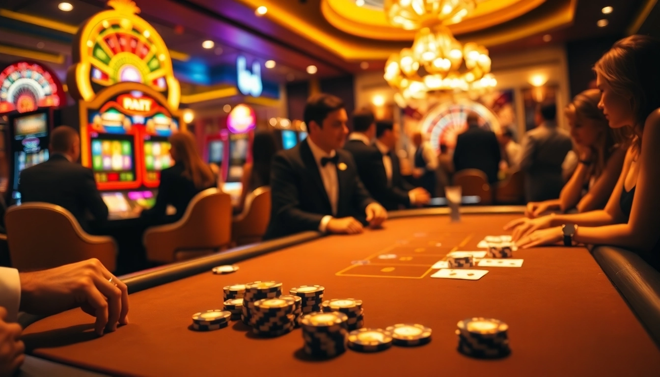 Experience the thrill of gaming with onicplay login at a luxurious casino setting featuring poker tables and slot machines.