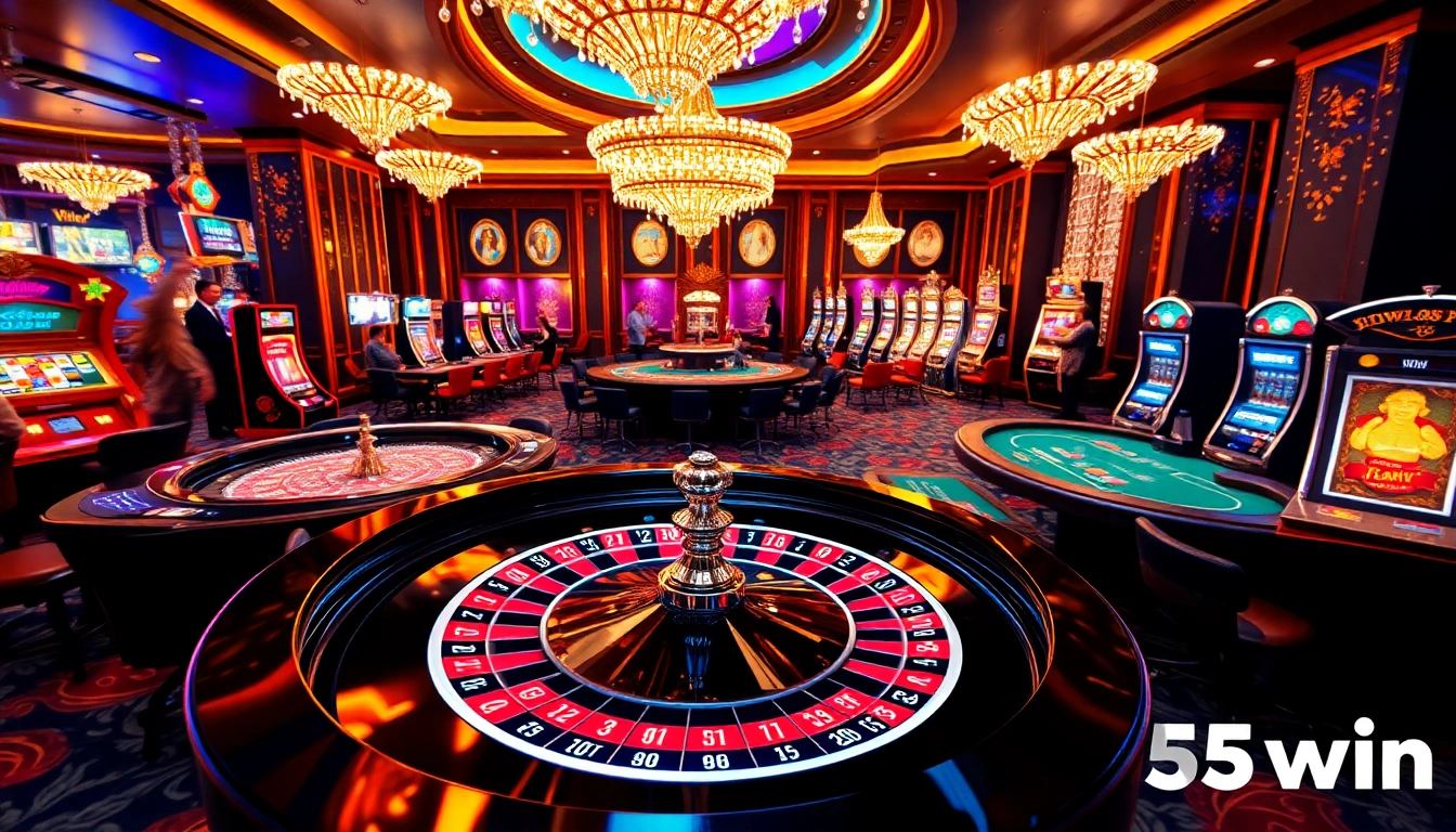 Experience the excitement of 555win with a vibrant casino scene featuring roulette tables and slot machines.