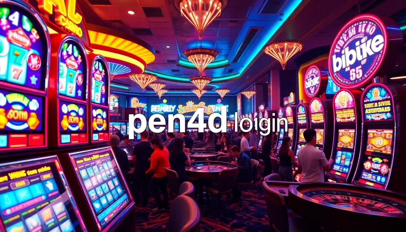 PEN4D login bringing excitement to a lively casino scene filled with vibrant slot machines and poker chips.