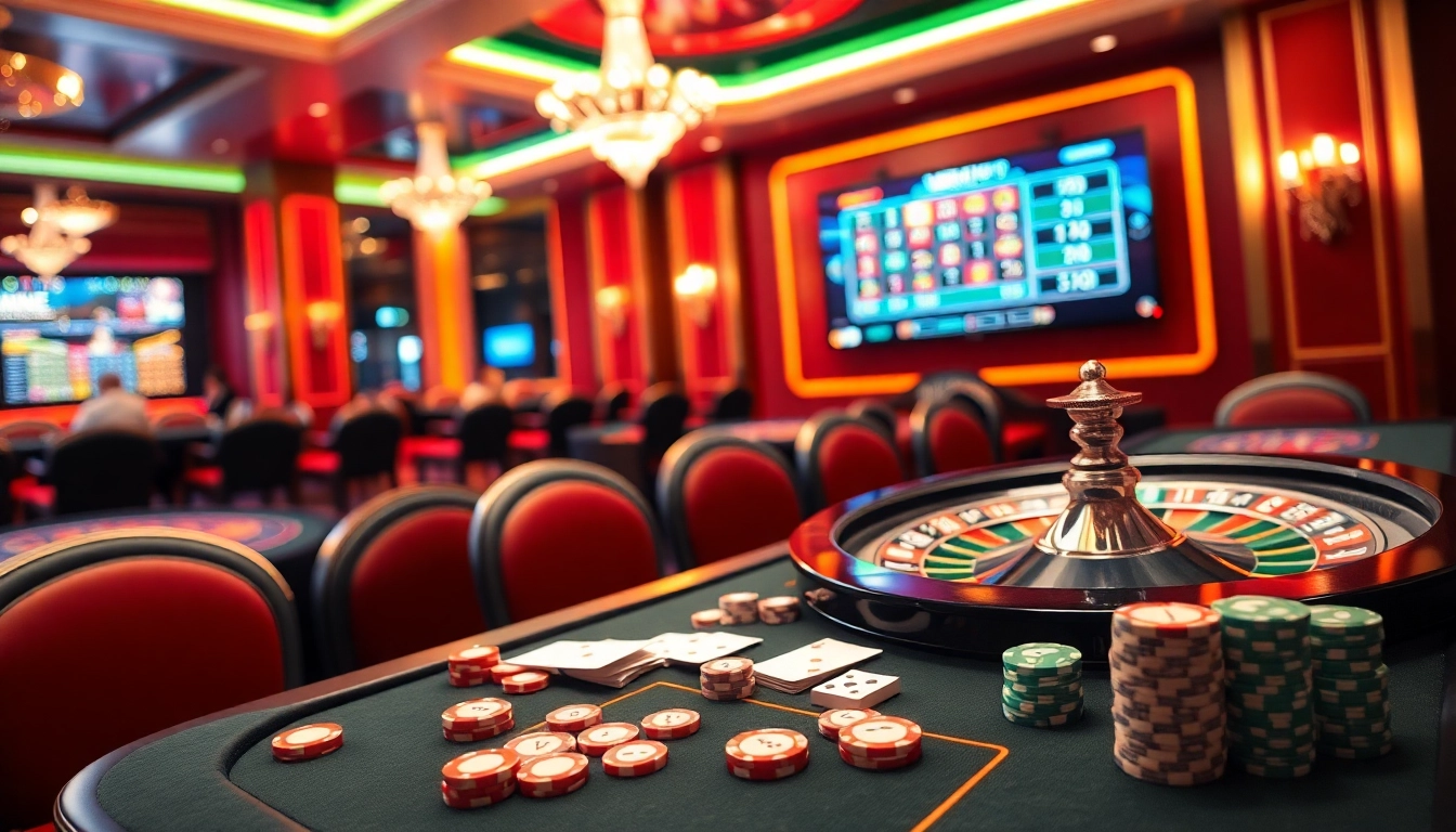 Players engaging in thrilling bets at MB66 casino tables with vibrant decor.
