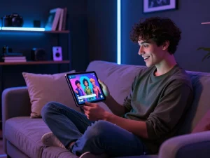 Engaging with NSFW AI characters on a tablet in a cozy environment.