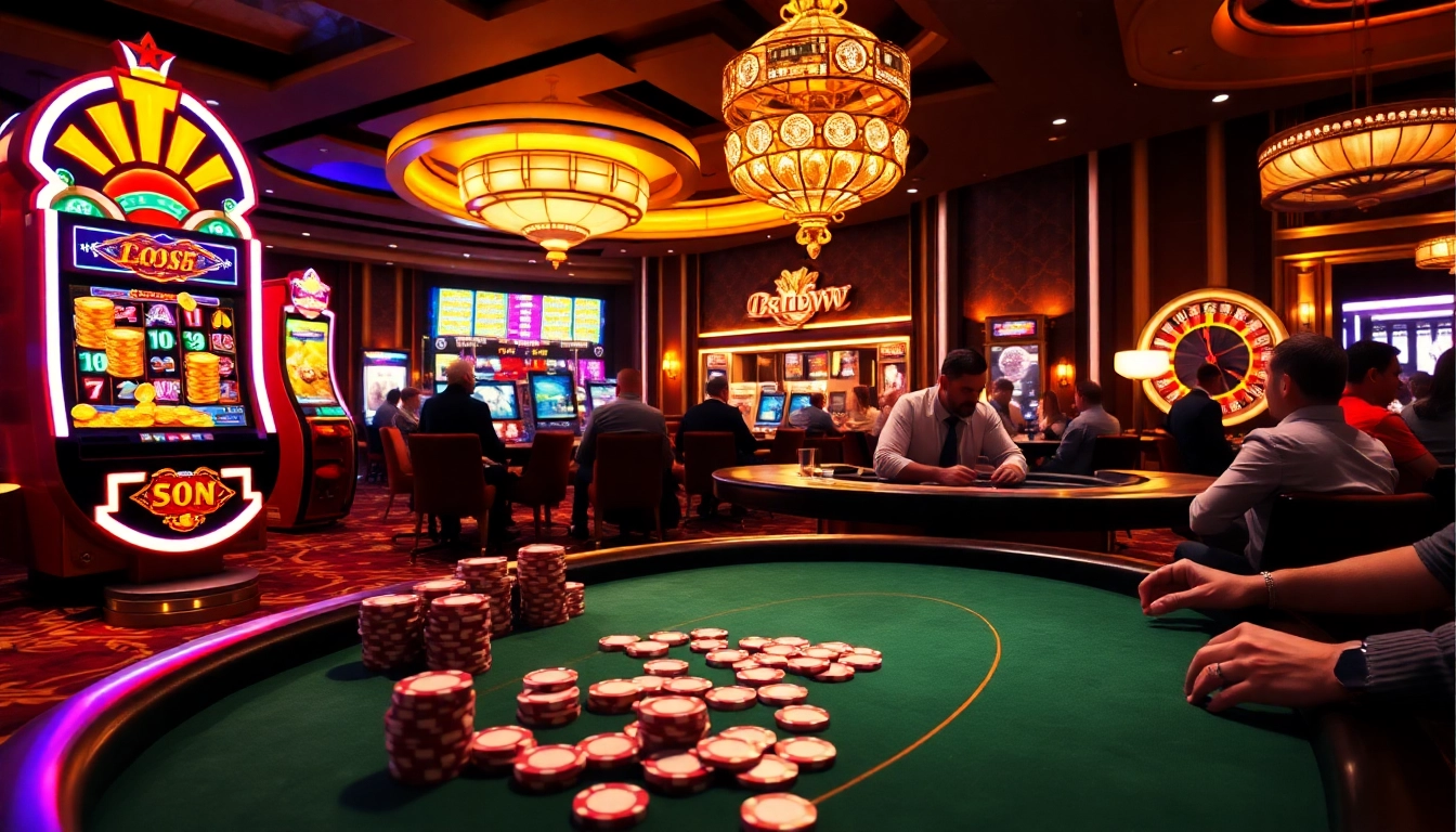 The excitement of 88vv alive at a luxurious poker table with gleaming chips and vibrant slot machines.