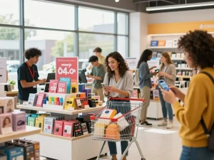 Customer exploring Link Hubet88 products in a vibrant retail store atmosphere.
