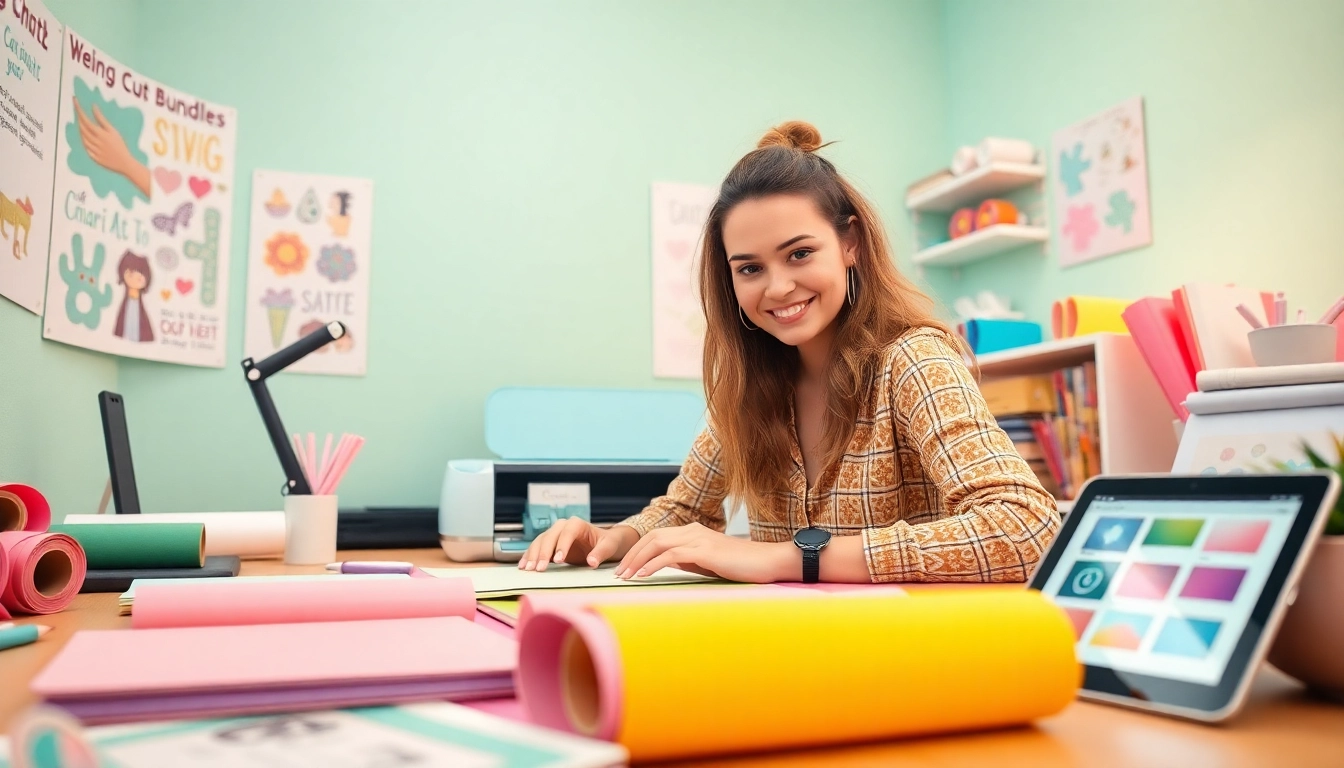 Design bundles SVG displayed in a vibrant workspace with Cricut machine and colorful crafting materials.