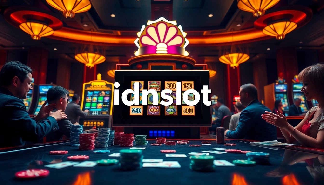 Play idnslot for thrilling slot game action surrounded by vibrant casino visuals.