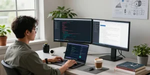KoboldAI developer interacting in a tech workspace with multiple monitors showcasing AI applications and code.