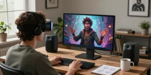 Tavern AI interaction scene with users engaged in creative dialogue and character design in a modern home office.