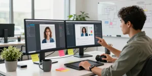 User analyzing images with a free ai detector in a modern tech workspace.