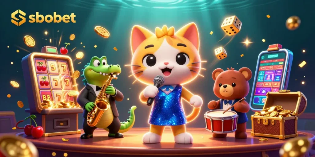 Experience thrilling sbobet action in a vibrant 3D casino scene with cartoon characters.