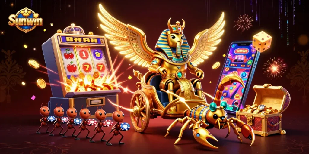Experience vibrant gaming action at Sunwin with a 3D explosion of casino elements and engaging characters.