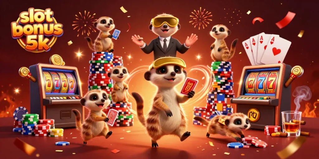 Experience excitement with slot bonus 5k as meerkats manage a lively casino scene