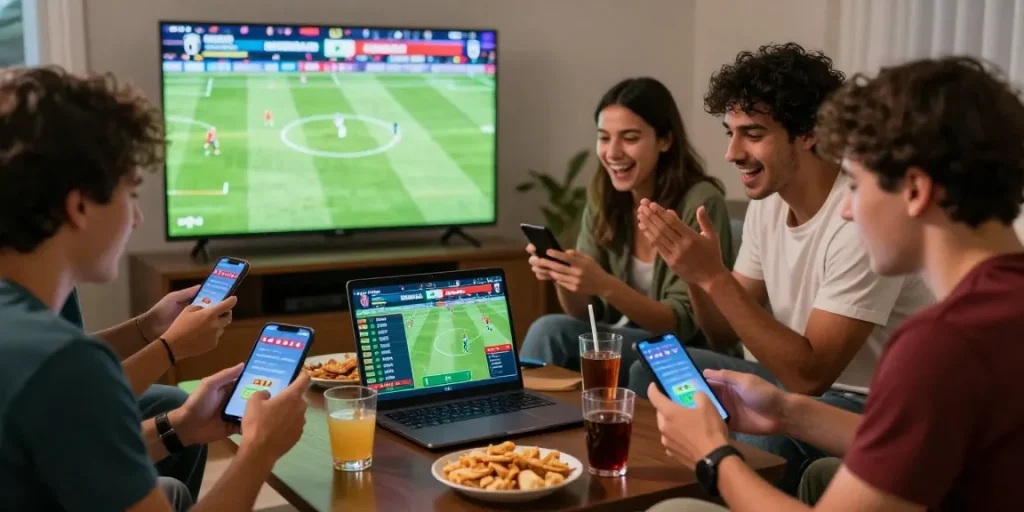 Excited friends engaging in online sports betting with displays of current matches and betting details, reading more about the 2026 World Cup.
