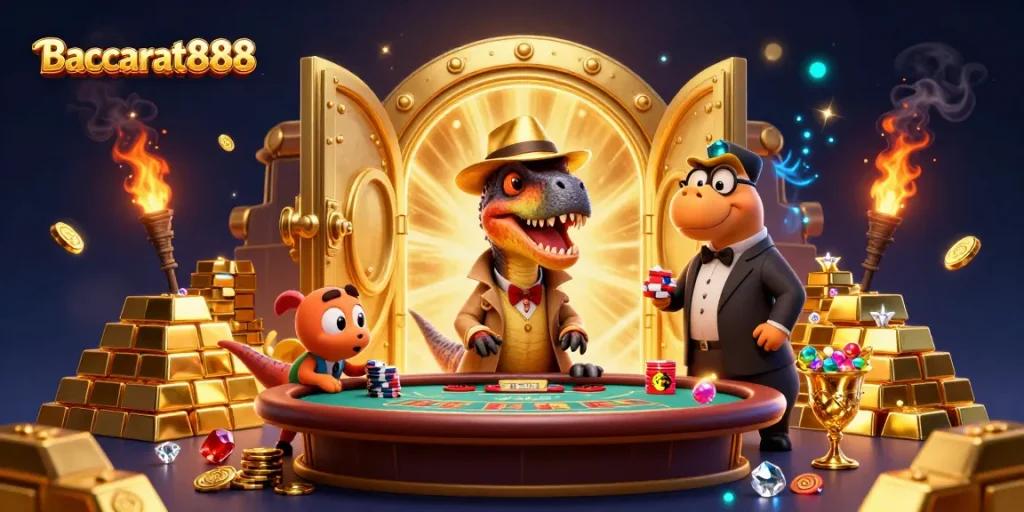 Baccarat888 showcases a 3D velociraptor card counter at a blackjack table, full of gold and gems in a vibrant casino scene.