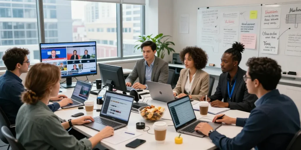 Editors and journalists collaborating in a modern newsroom for https://www.theindaily.com
