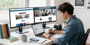 Young entrepreneur writing a Want to make money online article in a modern workspace, surrounded by motivational elements.